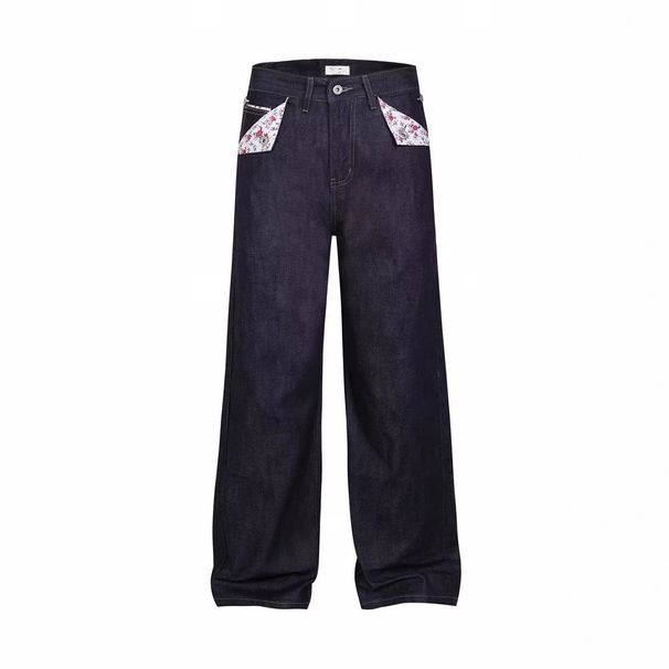 Vintage Americana Patchwork Jeans – A-Line Straight Leg Denim Pants With Floral Red Trim & Cargo Pockets (Unisex S-3XL, Distressed Blue Wash)_mkmklike.com