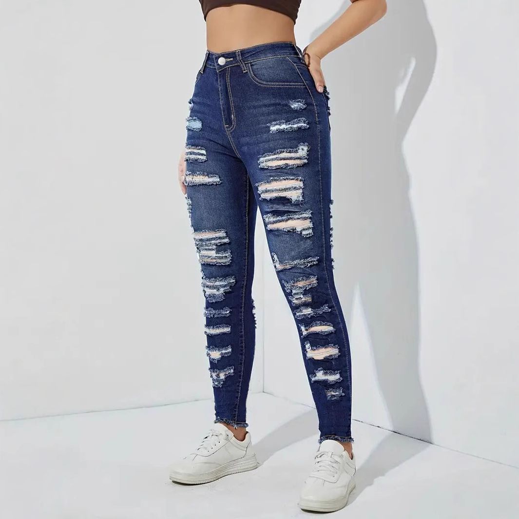 ELLE Cross-border European And American Style Ripped Frayed Elastic Women's Skinny Jeans_mkmklike.com