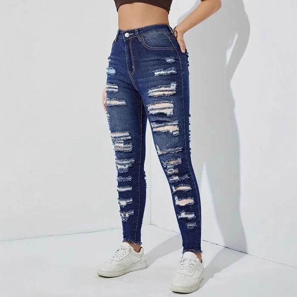 ELLE Cross-border European And American Style Ripped Frayed Elastic Women's Skinny Jeans_mkmklike.com