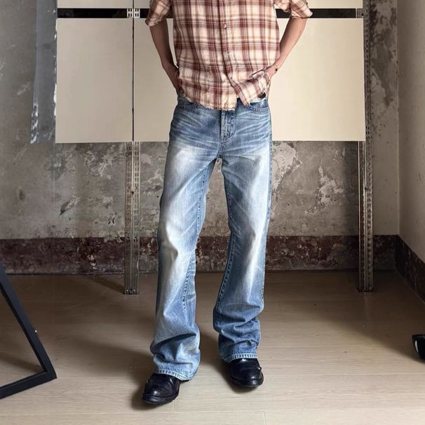 Men's Clothing Vintage Washed Distressed Cat Whisker Micro Flare Jeans In Ice Blue - High Waisted Cotton Denim Pants For Women & Men_mkmklike.com