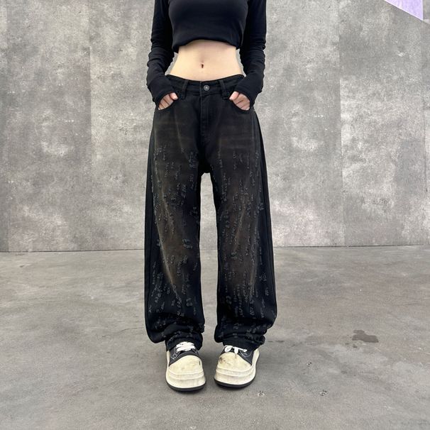Men's & Women's Black Distressed Jeans – Vintage Cat Claw Rips & Relaxed Straight-Leg Fit For Streetwear & Casual Wear_mkmklike.com