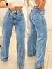 Women's High Waist Straight Leg Jeans - Classic Blue Denim With Pearl Button Details, Comfortable Cotton Blend, Loose Fit For Casual Style_mkmklike.com
