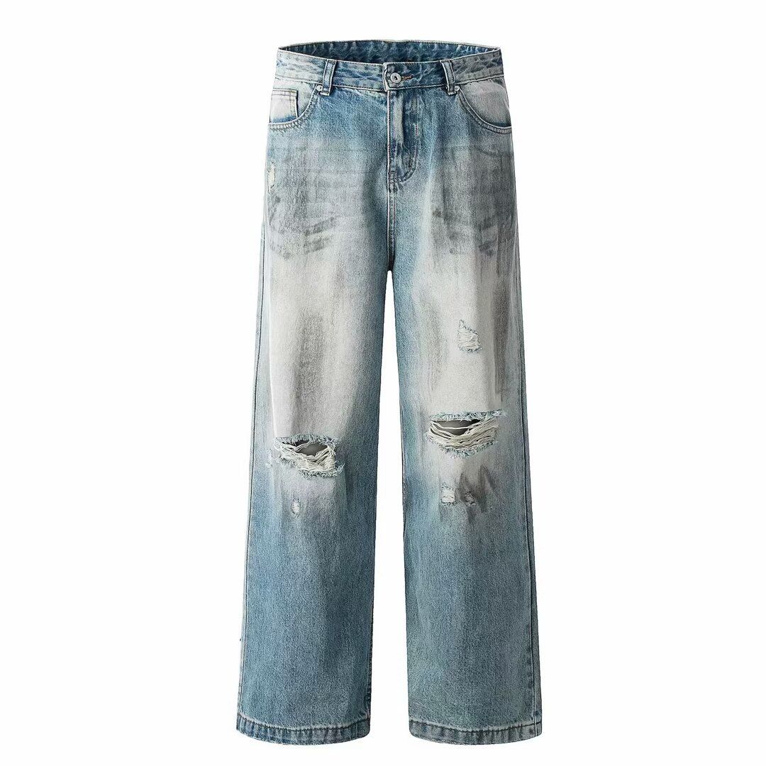 Distressed Washed Flared Cargo Jeans Loose Fit Straight Leg Casual Versatile Trousers for Spring/Summer mid Waist Blue_mkmklike.com