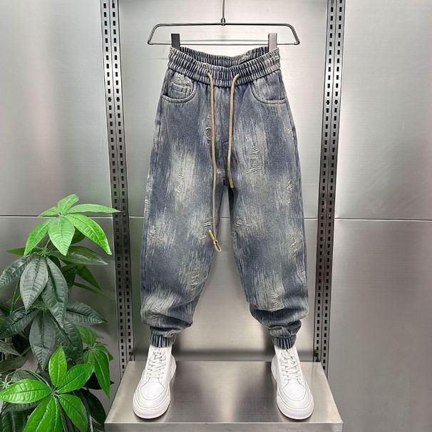 Men's Distressed Slim-Fit Cuffed Jeans – Vintage Washed Denim Pants With Rip Details & Drawstring Waist For Streetwear Style_mkmklike.com