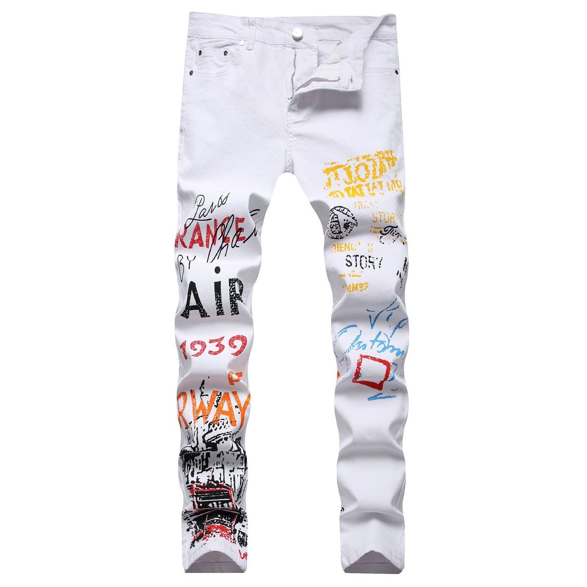 Men's Stretch Skinny Jeans With Unique White Graffiti Print, Comfortable Slim Fit Denim Pants For Casual Streetwear_mkmklike.com