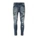 Men's Clothing Fashion Embroidered Holes Slim Fit Light Blue Distressed Washed Denim Jeans With Three-Headed Snake Embroidery & Leather Patchwork_mkmklike.com
