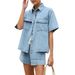 Women's Clothing Summer Women's Casual Loose Pocket Short Sleeved Shirt Shorts Denim Two Piece Suit_mkmklike.com