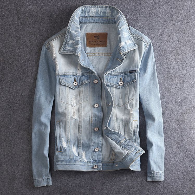 Men's Clothing One Piece Drop Shipping Autumn New Men's Retro Denim Jacket Light Color Hole Slim Fit Clothes Korean Style Denim Jacket_mkmklike.com