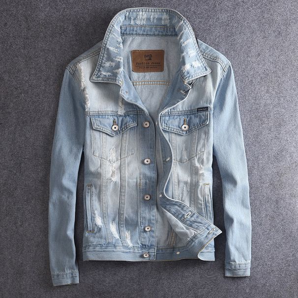 Men's Clothing One Piece Drop Shipping Autumn New Men's Retro Denim Jacket Light Color Hole Slim Fit Clothes Korean Style Denim Jacket_mkmklike.com