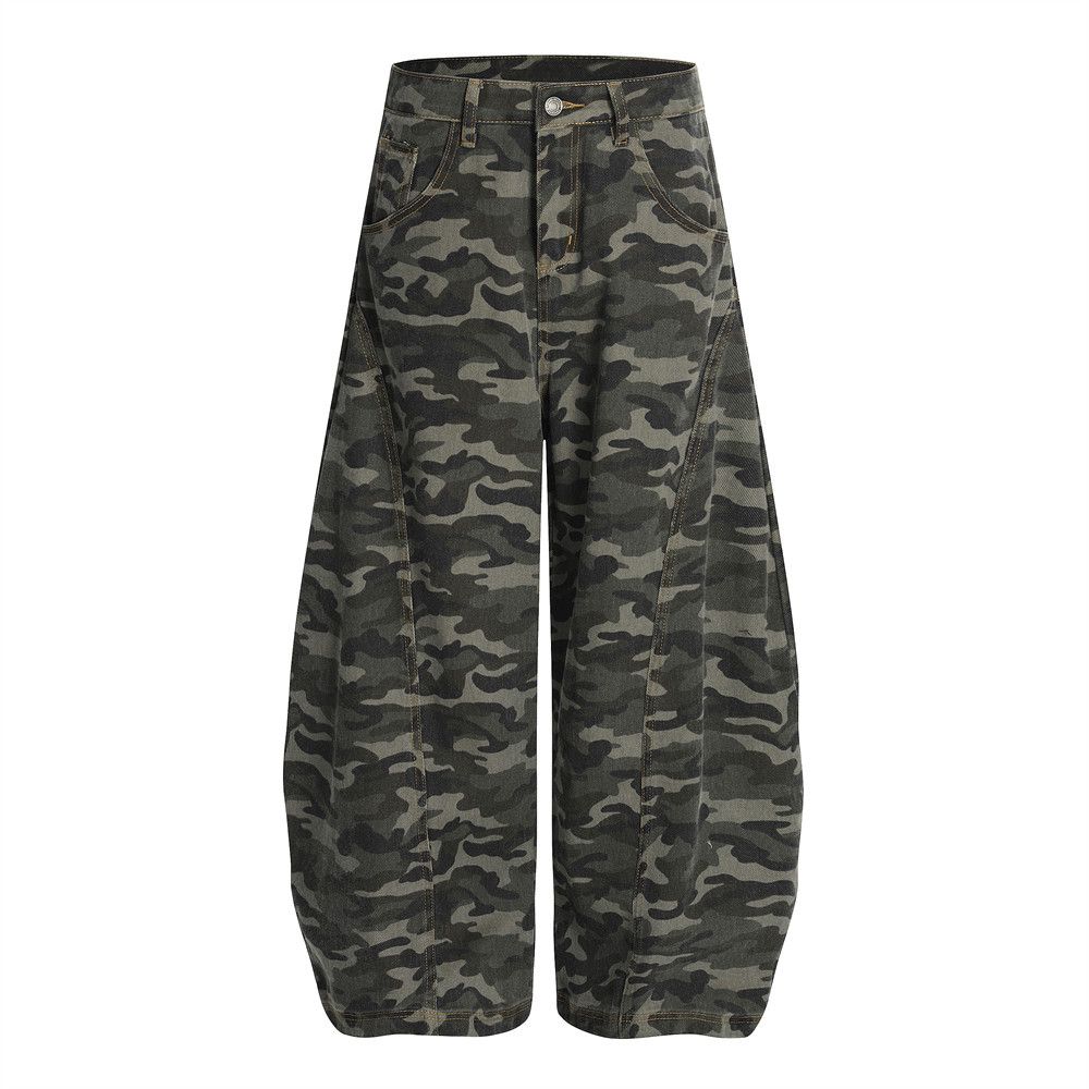 Trendy American Workwear Denim Camouflage Men's Loose Fit Silhouette Scythe Pants Deconstructed Design Wide-Leg Trousers_mkmklike.com