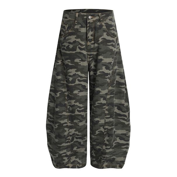 Trendy American Workwear Denim Camouflage Men's Loose Fit Silhouette Scythe Pants Deconstructed Design Wide-Leg Trousers_mkmklike.com