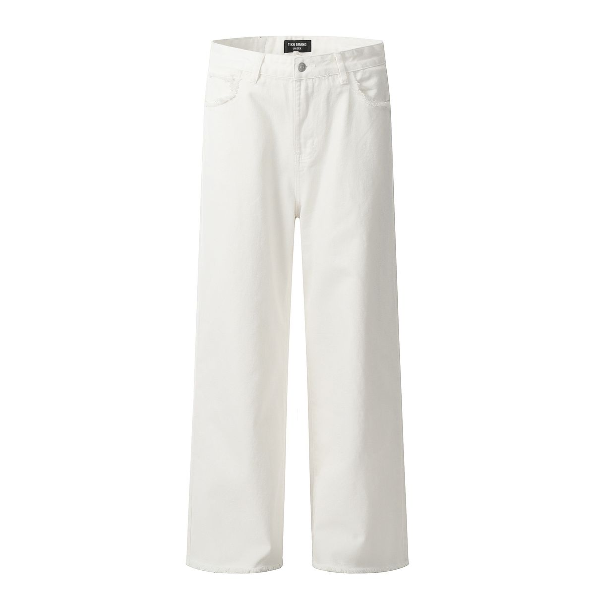 Distressed White Jeans For Men & Women - Loose Fit High Waist Straight Leg Casual Trousers With Raw Hem Design_mkmklike.com