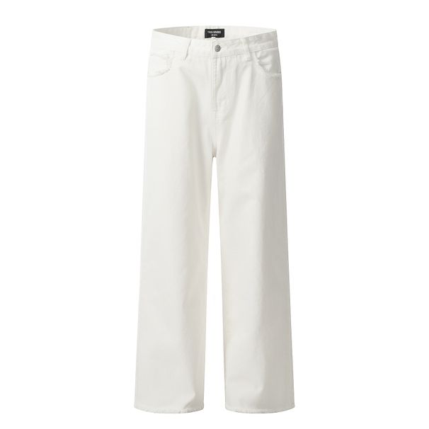 Distressed White Jeans For Men & Women - Loose Fit High Waist Straight Leg Casual Trousers With Raw Hem Design_mkmklike.com