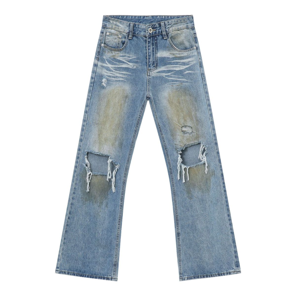 Hand-Painted American Style Straight-Leg Jeans For Men - Vintage Washed Denim Pants With Flared Hem, Comfortable Cotton Blend Fabric_mkmklike.com