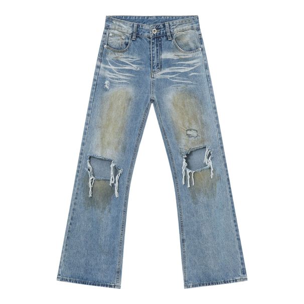 Hand-Painted American Style Straight-Leg Jeans For Men - Vintage Washed Denim Pants With Flared Hem, Comfortable Cotton Blend Fabric_mkmklike.com