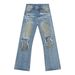 Hand-Painted American Style Straight-Leg Jeans For Men - Vintage Washed Denim Pants With Flared Hem, Comfortable Cotton Blend Fabric_mkmklike.com
