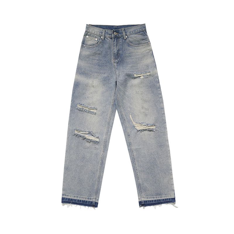 Men's Clothing Cleanfit Versatile Basic Washed Hem Damaged Worn Out Casual Straight Ripped Jeans Men_mkmklike.com