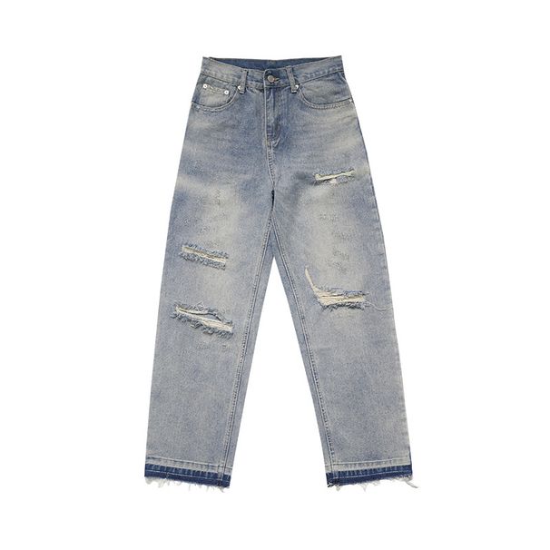 Men's Clothing Cleanfit Versatile Basic Washed Hem Damaged Worn Out Casual Straight Ripped Jeans Men_mkmklike.com