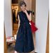 ELLE Korean Retro Artistic Vest Summer New Women Slim Fit Elegant Tie Waist Denim Long Dress_mkmklike.com