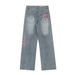 Irregular Patchwork Jeans For Men, Trendy Brand With Bow Belt Design, Niche Plaid Straight-Leg Pants_mkmklike.com