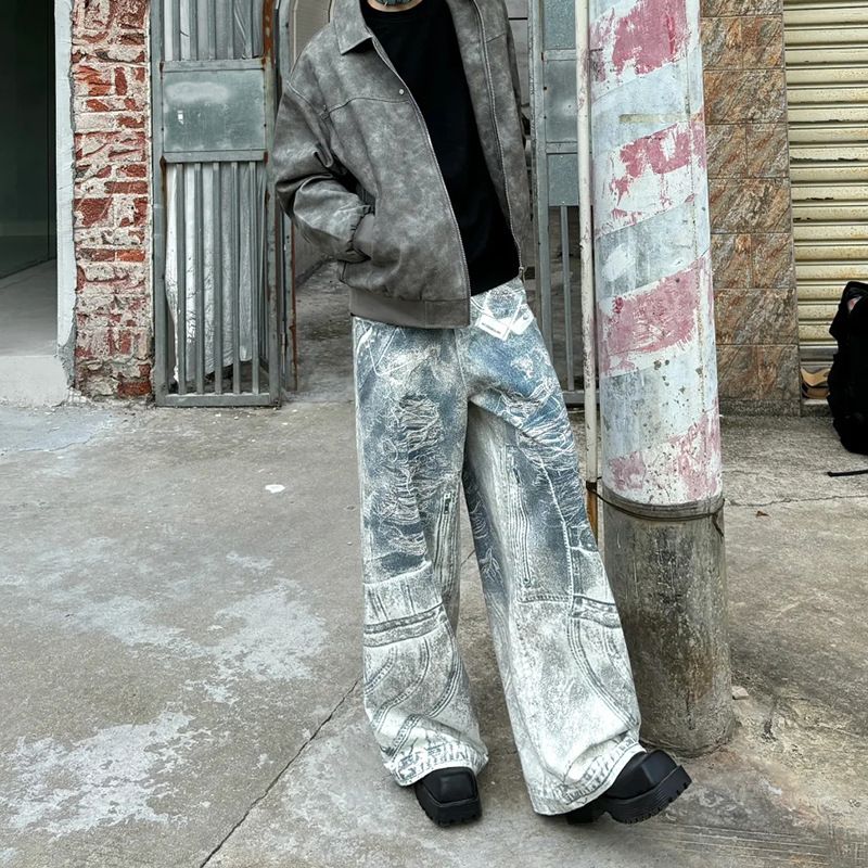 Men's Clothing Men's Retro American High Street Trendy Loose Fitting Floor Length Jeans 3D Printed For Formal & Casual_mkmklike.com