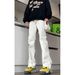 White Jeans Men's Belt Ruffian Handsome High-end Pants American High Street Wear Micro-pull Pants_mkmklike.com