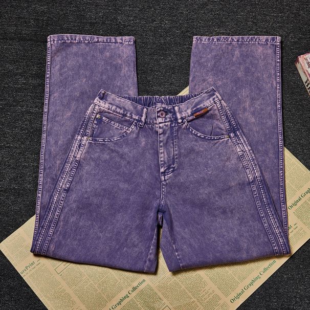 Men's Retro Washed Jeans – Loose Straight-Leg Streetwear Pants, High-Waisted Stretch Denim In Green/Black/Khaki/Purple_mkmklike.com