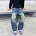 Men's & Women's Streetwear Straight Leg Jeans - Classic Blue Denim With Hand-Painted Details, Low Waist, Relaxed Fit (S-3xl)_mkmklike.com