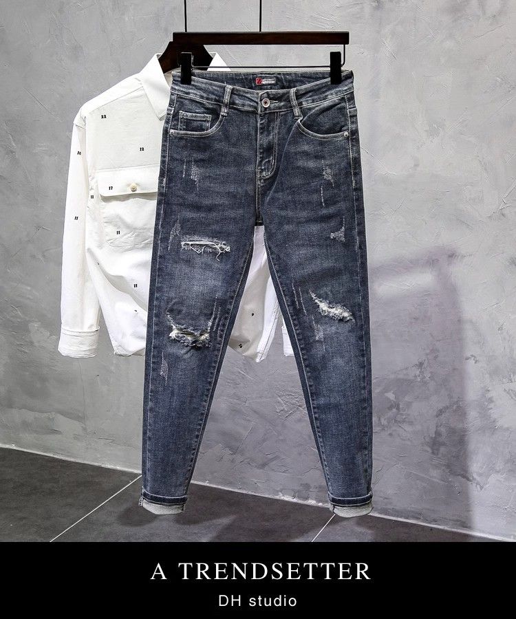 Thin Light Blue Washed Stretch Slim Fit Cropped Jeans For Summer Ripped Hem Trendy Casual Jeans_mkmklike.com