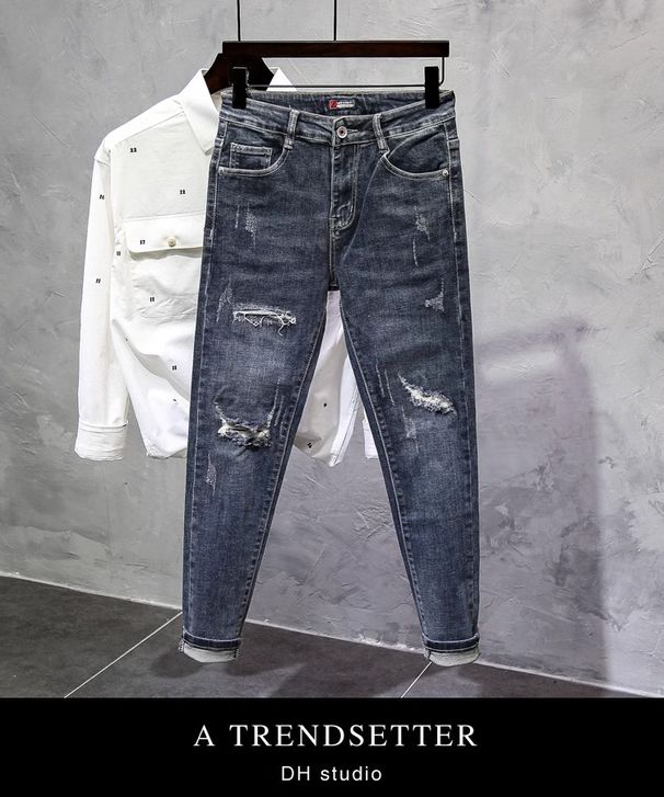 Thin Light Blue Washed Stretch Slim Fit Cropped Jeans For Summer Ripped Hem Trendy Casual Jeans_mkmklike.com
