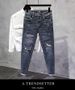 Thin Light Blue Washed Stretch Slim Fit Cropped Jeans For Summer Ripped Hem Trendy Casual Jeans_mkmklike.com
