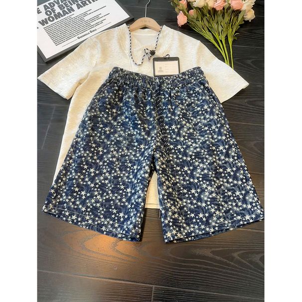 Men's All Over Star Print Denim Shorts High Street Style Summer Loose Straight Leg Mid-Length Five Point Pants_mkmklike.com