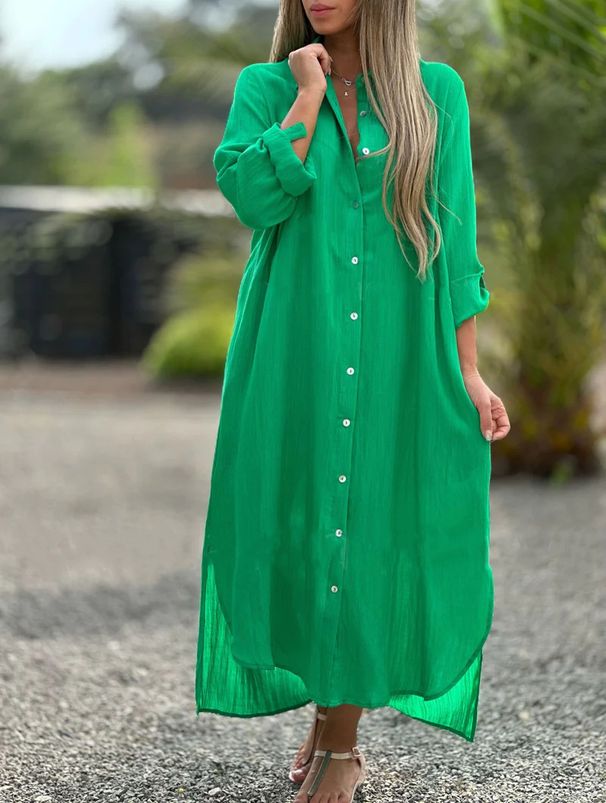 women's dress cotton and linen shirt long skirt fashion casual long-sleeved cardigan dress_mkmklike.com