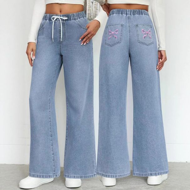 Women's Mid-Rise Casual Jeans Elastic Waist Drawstring Embroidered Bow Stretch Cotton Denim for Spring/Autumn & Summer_mkmklike.com