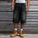Men's Baggy Denim Shorts Over Knee Length Retro Hip Hop Distressed Hem Laser Print Cotton Casual Streetwear_mkmklike.com