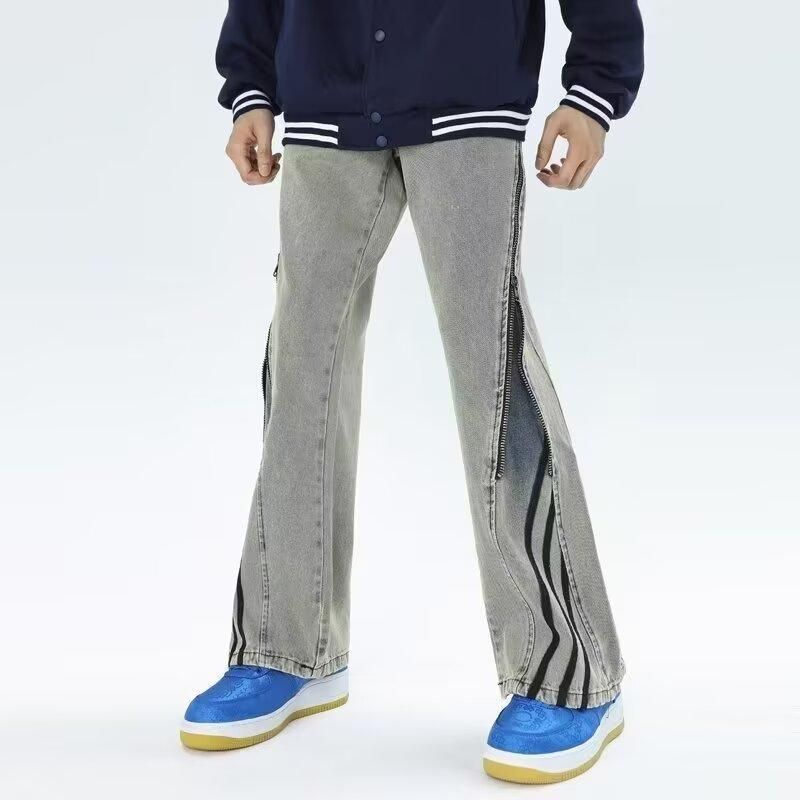 Men's Straight Leg Slim Fit Jeans Distressed Zipper Washed Yellow Mud Dyed High Street Slightly Flared Loose Jeans_mkmklike.com
