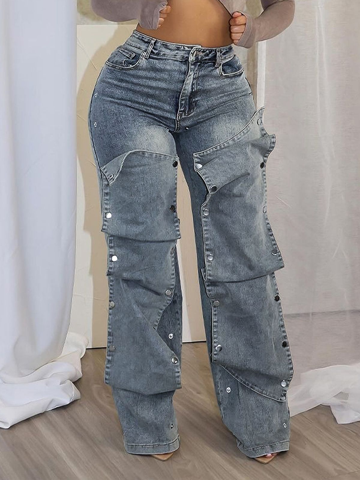 Women's Clothing Fashion Button Denim Decorated Loose Denim Pants_mkmklike.com