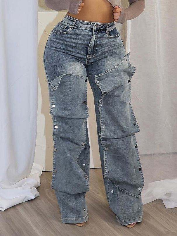 Women's Clothing Fashion Button Denim Decorated Loose Denim Pants_mkmklike.com