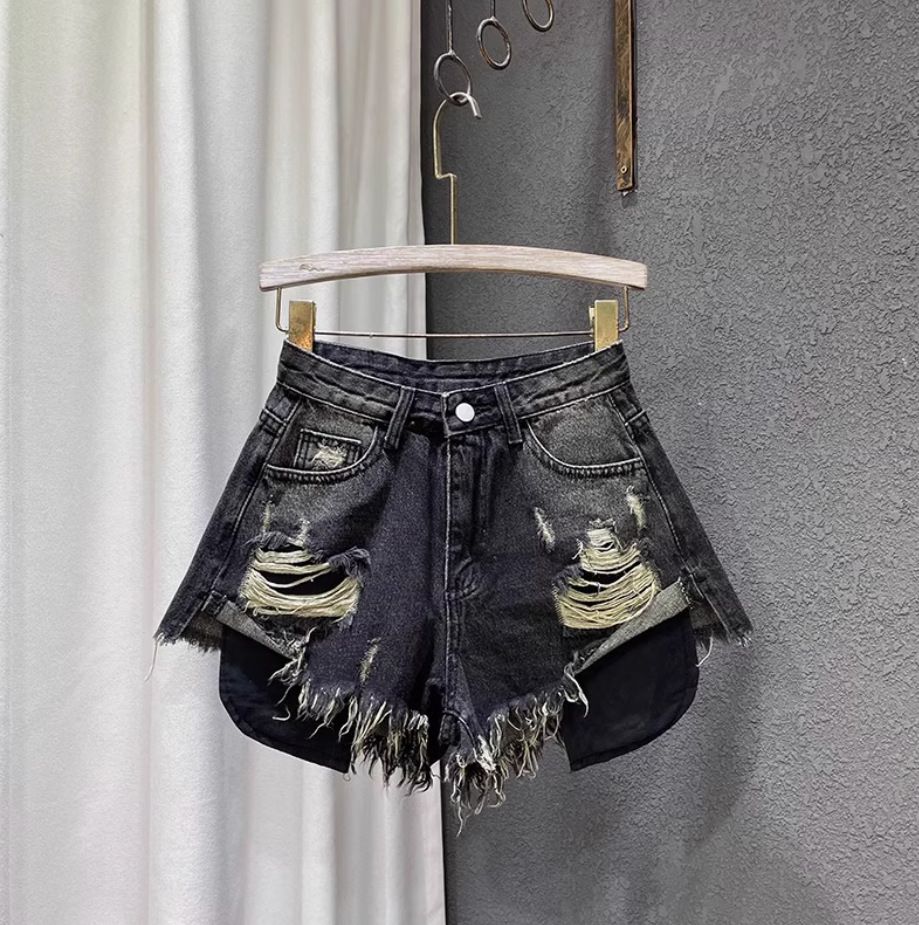 Summer Slim Fit High Waist Women's Denim Shorts Light Color Ripped Design Sexy a Line Wide Leg Hot Pants_mkmklike.com