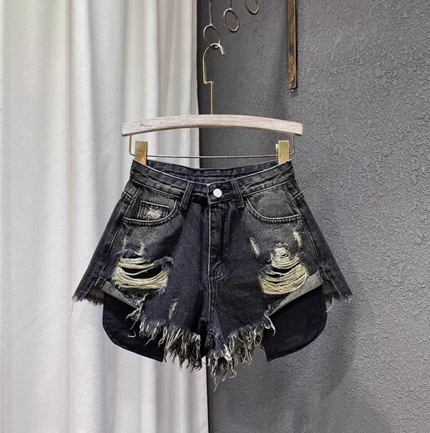 Summer Slim Fit High Waist Women's Denim Shorts Light Color Ripped Design Sexy a Line Wide Leg Hot Pants_mkmklike.com