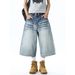 Men's Clothing Unisex Style Washed Whiskered Denim Shorts Summer High Street Trendy Wide Leg Capri Pants Loose Versatile Curved Trousers_mkmklike.com