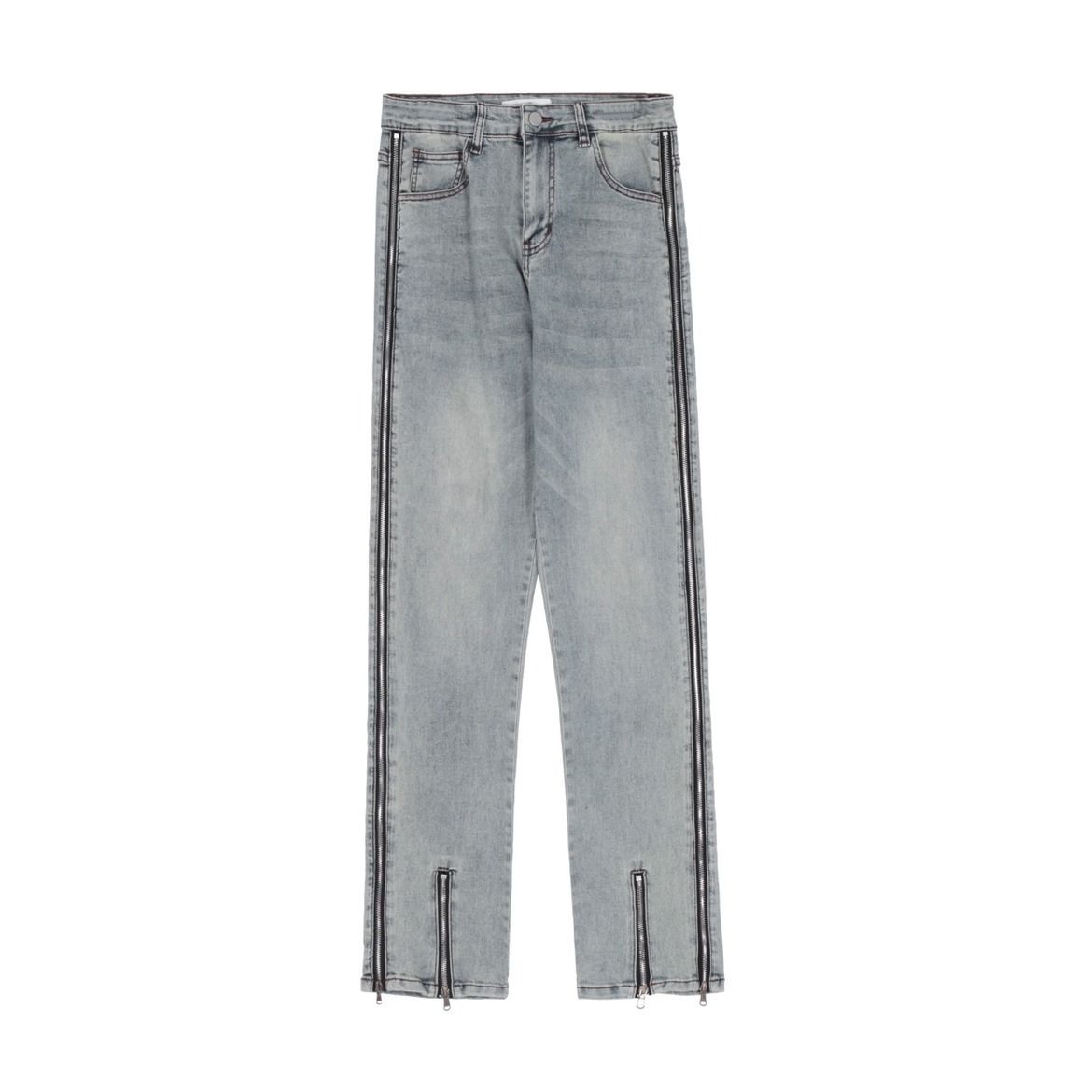 Unisex Hip-Hop Streetwear Zipper Jeans - Loose Straight Leg Denim Pants With Edgy Detailing, Oversized Fit For Men & Women_mkmklike.com