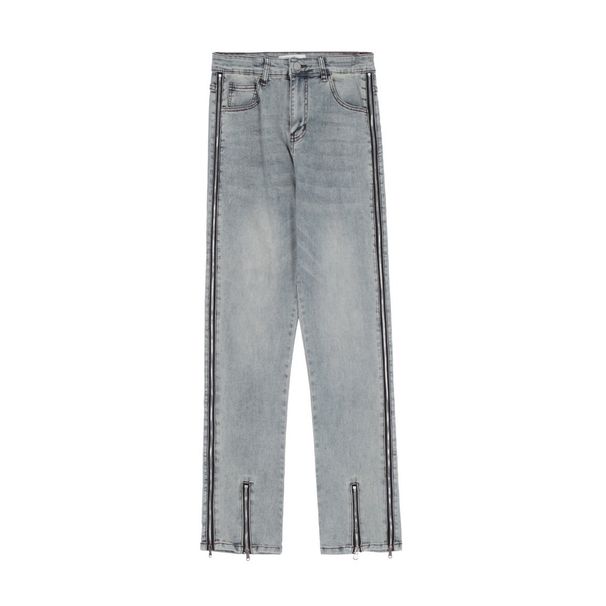 Unisex Hip-Hop Streetwear Zipper Jeans - Loose Straight Leg Denim Pants With Edgy Detailing, Oversized Fit For Men & Women_mkmklike.com