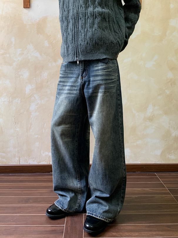 Men's Retro Washed Distressed Straight Leg Jeans Clean Fit High End Loose Versatile Pants_mkmklike.com