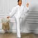 Women's Clothing solid color puff sleeve top wide leg trousers two piece suit women's fashion suit_mkmklike.com