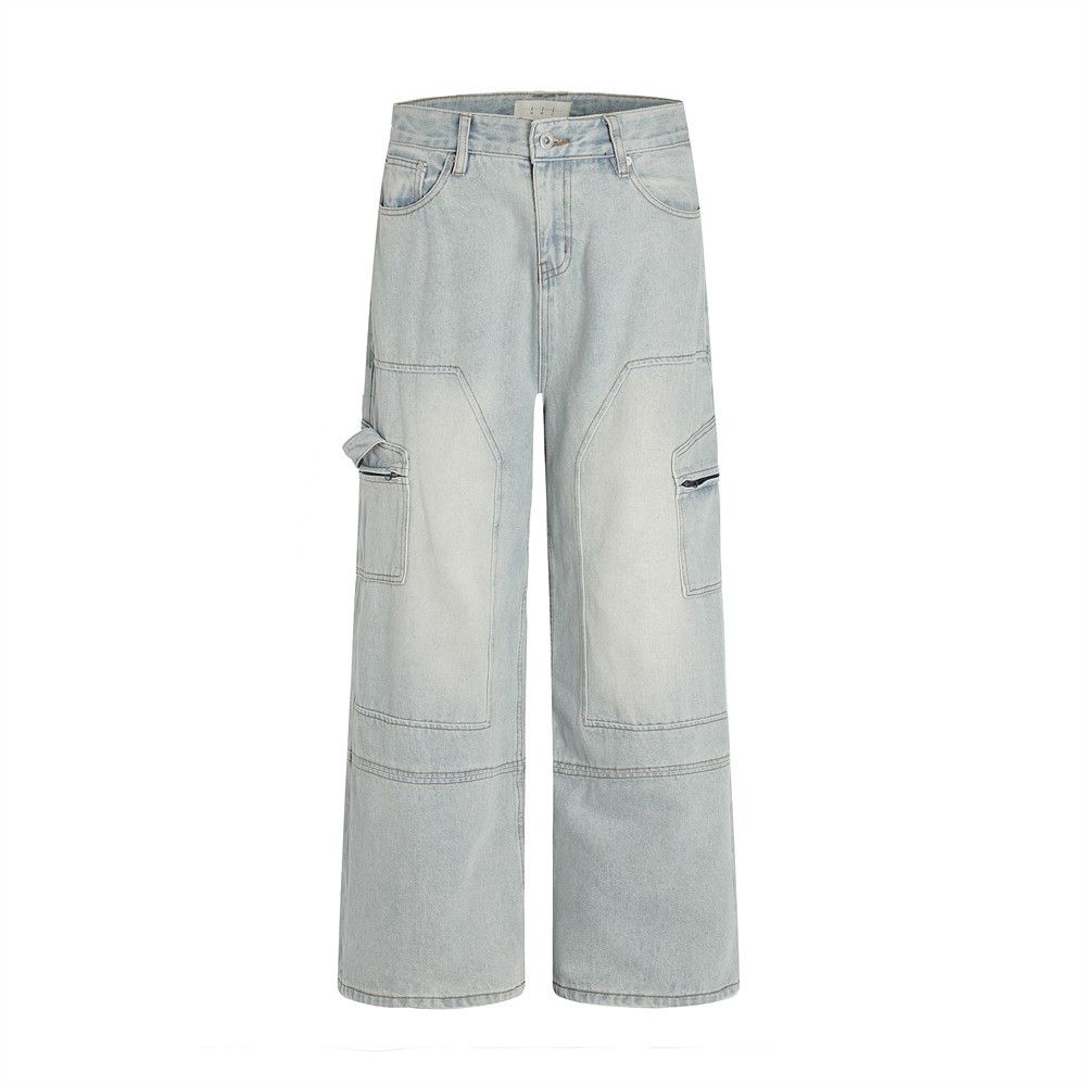 Punk Washed Denim Cargo Men's High Street Loose Wide-Leg Straight Long Pants Vintage Patchwork Design_mkmklike.com