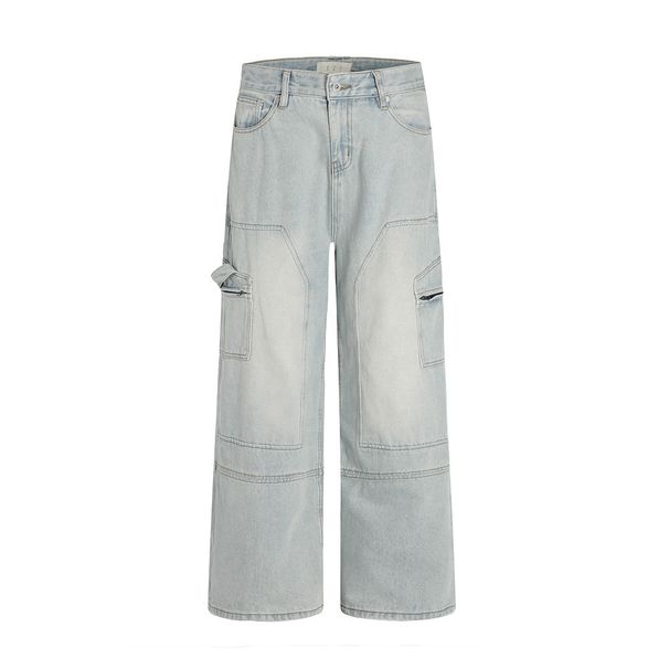 Punk Washed Denim Cargo Men's High Street Loose Wide-Leg Straight Long Pants Vintage Patchwork Design_mkmklike.com