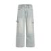 Punk Washed Denim Cargo Men's High Street Loose Wide-Leg Straight Long Pants Vintage Patchwork Design_mkmklike.com