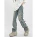 Men's Clothing Retro Vintage Blue Jeans For Men - American High Street Vibe, Deconstructed Button Design, Straight & Slightly Flared Trousers_mkmklike.com