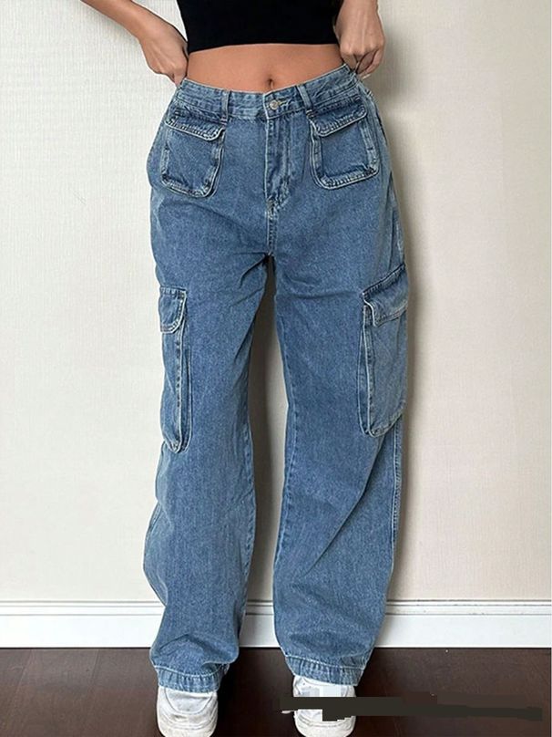 Women's Clothing Flip Pocket Washed Loose Jeans Y2K Style Elastic Waist Overalls_mkmklike.com